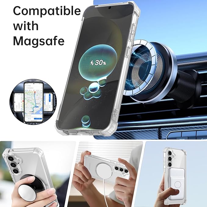 for Samsung Galaxy S24 Plus Case Compatible Wireless Charging Magnetic,with Screen Protector,for S24+Plus Phone Case with 360°Stand Ring Military Grade Shockproof Heavy Duty Protection Clear