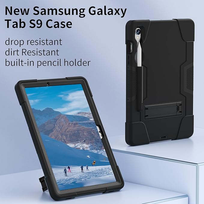 case for Galaxy Tablet S9 FE & S9 2023 (SM-X710/X718U/X716B/X510/X516B), Soft Silicone & Hard Pc 3-Layer Military Protector Cover for Tab S10 FE S8 S7 with S-Pen Holder Stand caseblack+Black