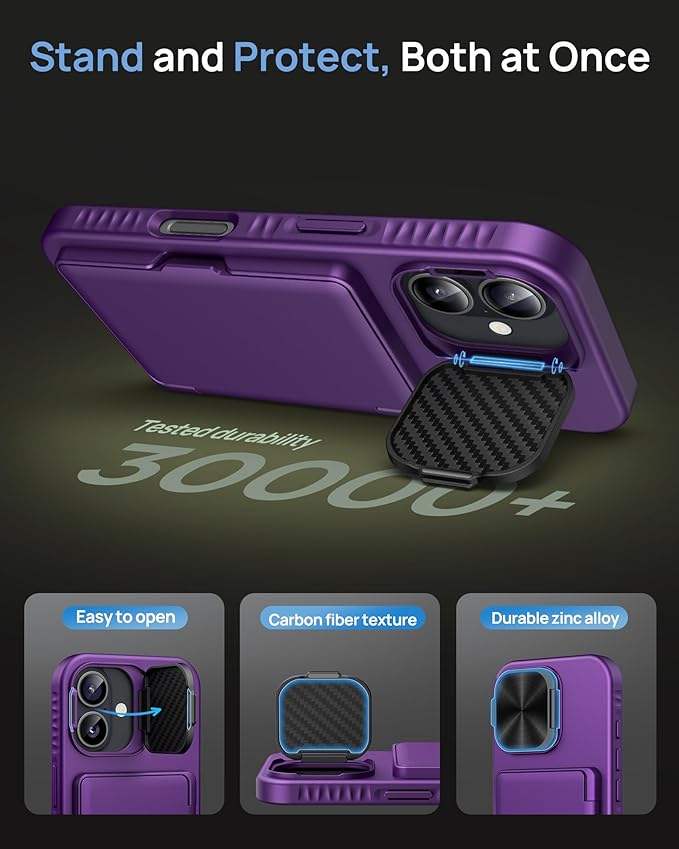 for iPhone 16 Case Wallet, Built-in Credit Card Holder & Stand & Camera Lens Cover, Military Grade Drop Tested Soft Silicone Edge Rugged Protective Phone Case for iPhone 16 6.1" 2024, Purple