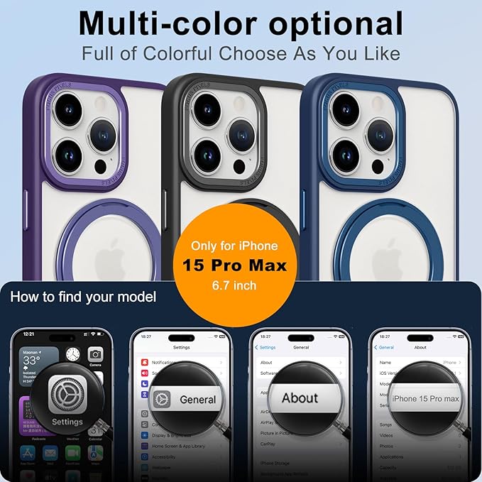 ZIYE Magnetic Case for iPhone 15 Pro Max Case with Stand [Compatible with MagSafe] Slim Shockproof Military Grade Heavy Duty Cover with 360 Rotatable Ring Kickstand for Women Men, Translucent Blue