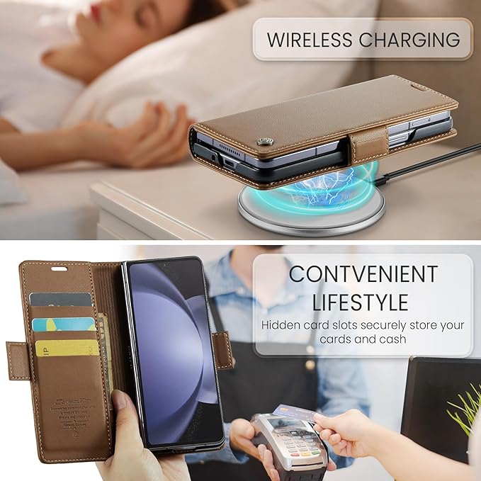 for Samsung Galaxy Z Fold 5 Case, Premium PU Leather Wallet Case Flip Cover with [RFID Blocking][Card Holder][Stand Function] Shockproof Protective for Samsung Galaxy Z Fold 5, Brown