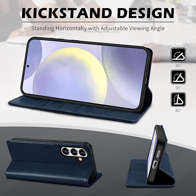 SHIELDON Case for Galaxy S25 5G 6.2", Genuine Leather Flip Wallet Case Kickstand RFID Blocking Credit Card Holder Magnetic Closure Shockproof Cover Compatible with Galaxy S25 2025 - Nappa Navy Blue