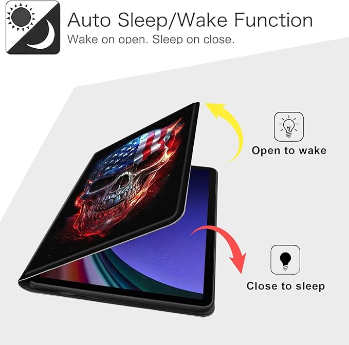 Case for Samsung Galaxy Tab S10 FE/ S9 FE 5G 10.9 Inch/Tab S9 11 Inch, Slim PU Leather Stand Cover with Auto Wake/Sleep, Multi-Angle Viewing & Shockproof, Skull American Flag