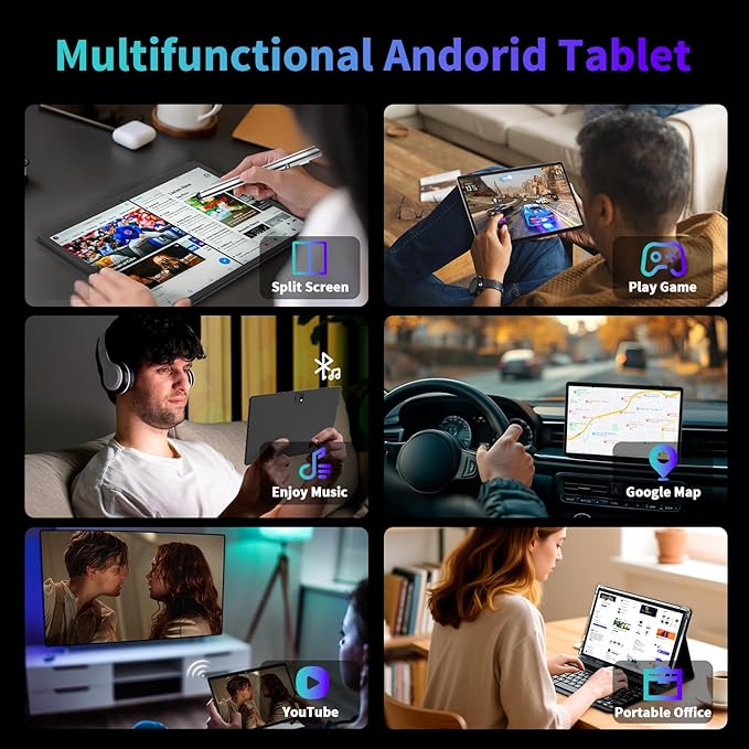 2025 Android 15 Tablet with Keyboard, 26GB(6+20)RAM+256 Storage(Expand to 2TB), 8000mAh Battery, Widevine L1, 10 Inch 2-in-1 Tablets with 5G/2.4G WiFi, BT5.0, GMS Certified, Mouse, Case, Stylus(Black)