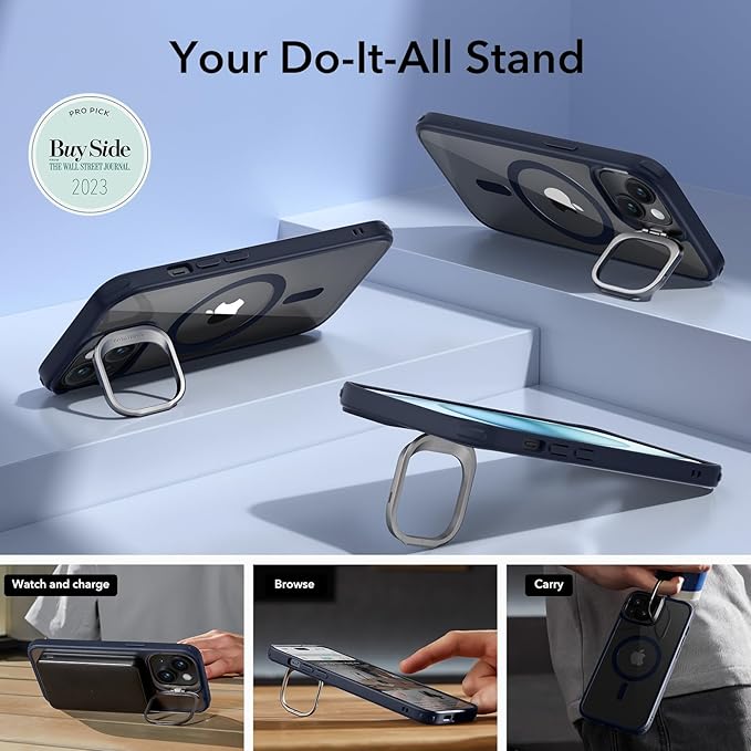 ESR for iPhone 15 Case, Compatible with MagSafe, Military-Grade Protective Case, Built-in Stash Stand Phone Case, Scratch-Resistant Back Cover, Classic Series, Clear Dark Blue