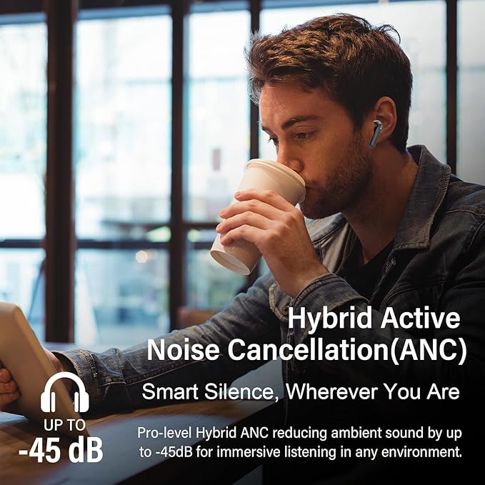 Adaptive Hybrid Active Noise Canceling Wireless Earbuds, 6 Mics ENC Clear Call Ear Buds, Hi-Res Audio Deep Bass Bluetooth 5.4 Headphones, 48H Playtime, Wireless Charging, Multipoint Connection, Black