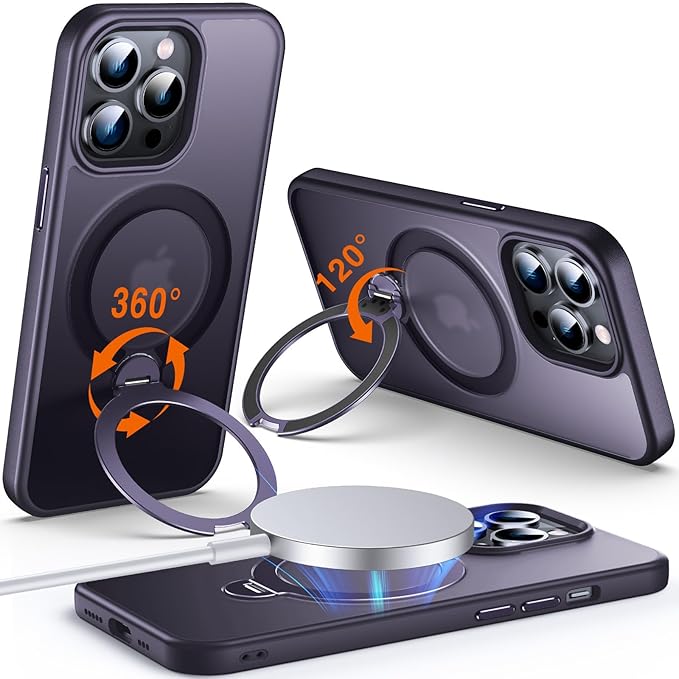 360° O-Ring MagStander for iPhone 13 Pro Case with Magnetic Kickstand Ring Holder [Compatible with MagSafe][360°Rotate Stand Ring][Military Shockproof] iPhone 13 Pro Phone Cover Matte Purple