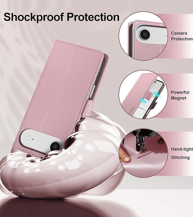 Wallet Flip Case for iPhone 17 Air 5G - [RFID Blocking] Luxury PU Leather Card Holder Magnetic Phone Cover with Kickstand,Shockproof Protective Case,Pink