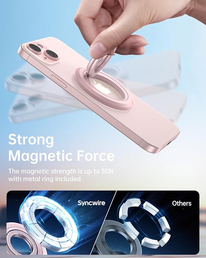 SYNCWIRE Magnetic Phone Ring Holder for MagSafe, 360° Rotation Dual Sided Magnet Grip Cell Phone Ring Stand Finger Kickstand Compatible with iPhone 16 15 14 13 12 Pro Max fits MagSafe - Pink