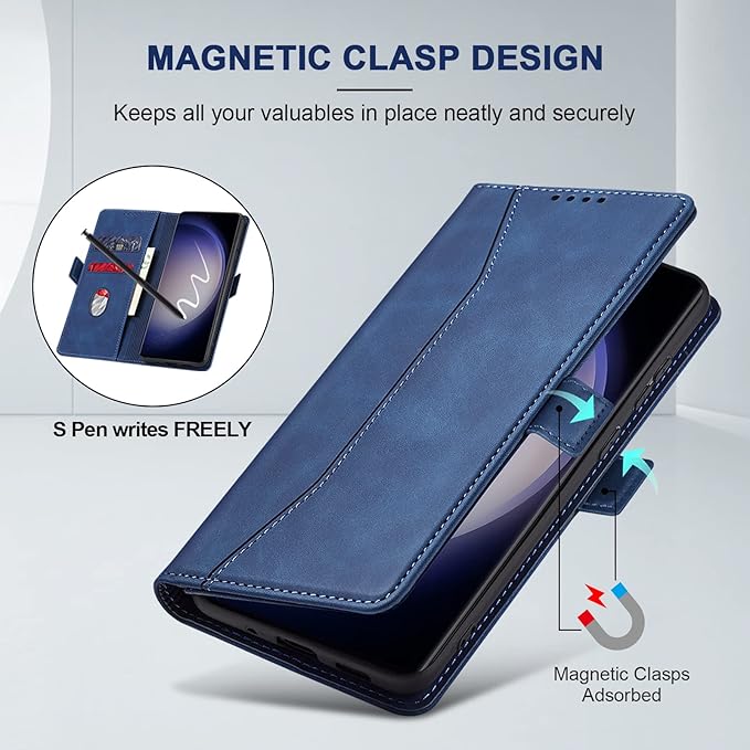 Jasonyu Flip Wallet Case for Samsung Galaxy S23 Ultra 5G,Leather Magnetic Folio Cover with Card Holder,Kickstand - TPU Shockproof Durable Protective Phone Case,Blue