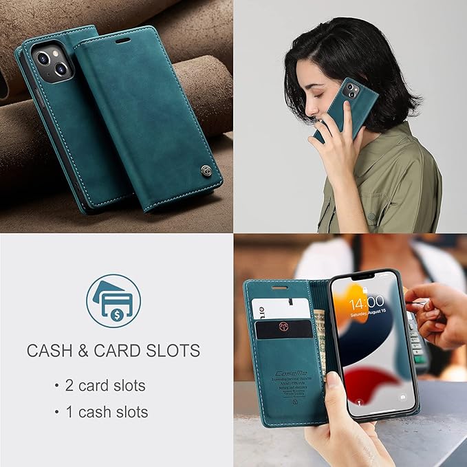 for iPhone 13 Mini Case 5.4", Flip Wallet Leather Case with Card Holder Magnetic Closure Shockproof Kickstand Protective Phone Cases Cover for iPhone 13 Mini,Blue-Green