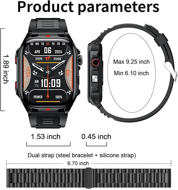 Smart Watch Sport Military for Men, Smartwatch Bluetooth Answer/Dial Call 2.01" Large Screen Outdoor 100 Sports Fitness Tracker Male 400 mAh Large Battery Flashlight Two Straps for Android/ios