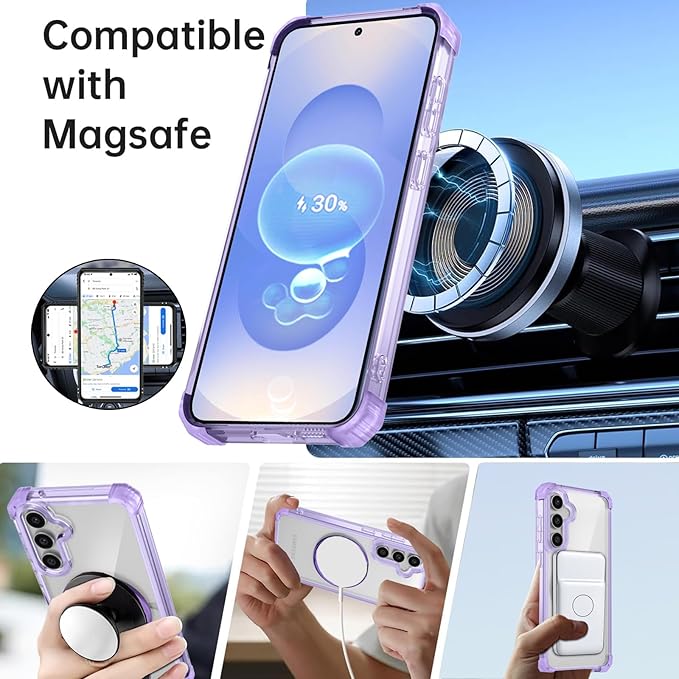 Magnetic for Samsung Galaxy S25 Case Compatible with MagSafe Wireless Charging,with Screen Protector,S25 Case Built-in 360° Kickstand Ring,Shockproof Military Grade Drop Protection Purple