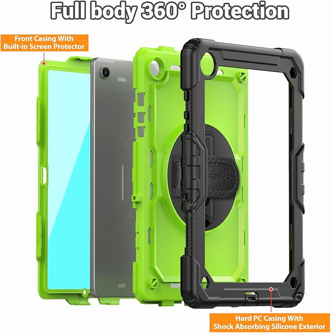 SEYMAC Case for Samsung Galaxy Tab A9+/ A9 Plus Case 11" (SM-X210/X216/X218), Heavy Duty Shockproof Protective Case with Screen Protector, Rotating Stand, Hand/Shoulder Strap, Green