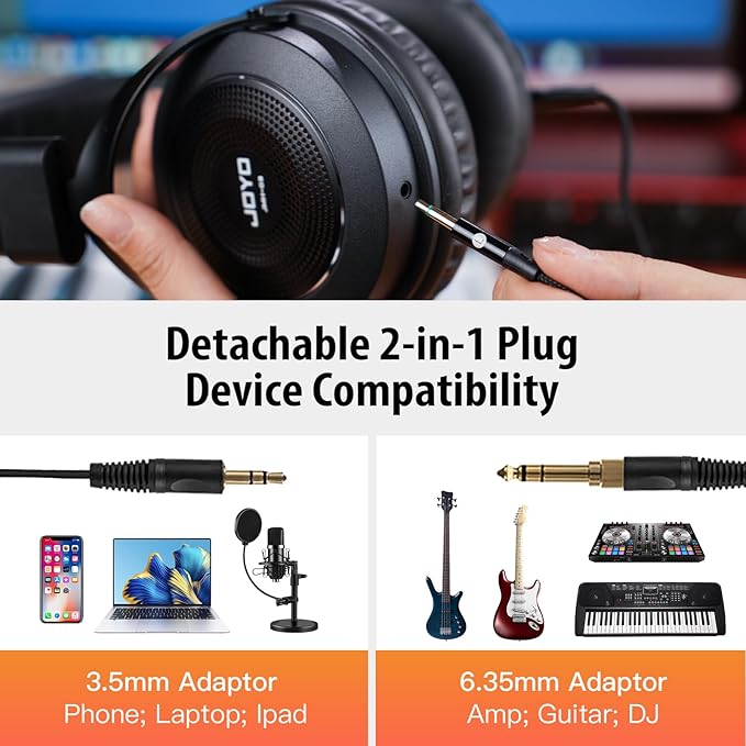 JOYO Studio Monitor Headphones Wired Professional Semi-Open Headphone for Guitar Piano Podcast Recording,Mixing,Live Streaming 3 Meter Cable (JMH-03)