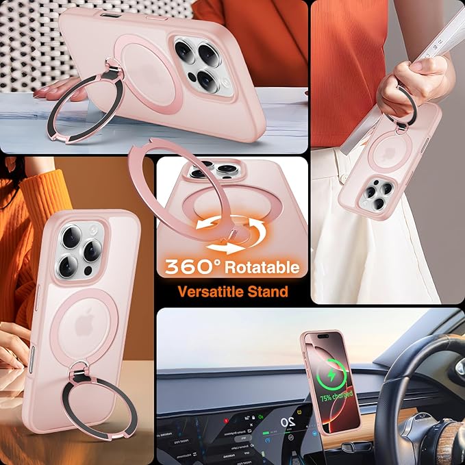 360° O-Ring MagStander for iPhone 16 Pro Case with Magnetic Kickstand Ring Holder [Compatible with MagSafe][360°Rotate Stand Ring][Military Shockproof] iPhone 16 Pro Phone Cover Matte Pink