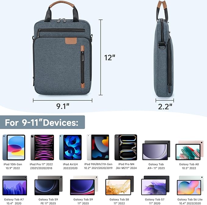 9-11 Inch Tablet Sleeve Bag,Padded Protective Travel Carrying Case for iPad Pro M4 11", iPad Air M2 5/4th 10.9", Air 3th 10.5", iPad 10th 10.9", 9/8/7th 10.2", Samsung Galaxy Tab A9+/A8/A7/S8/S7, Blue