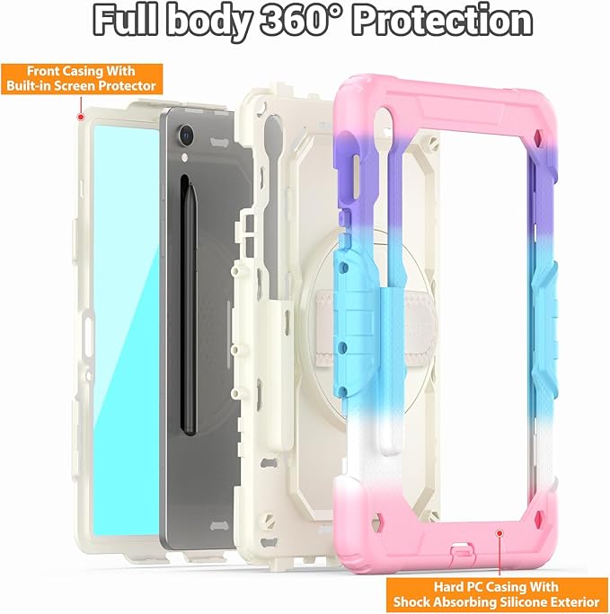SEYMAC Case for Samsung Galaxy Tab S10 Lite/ S10 FE/ S9 FE/ S9 5G (10.9''/11''), Heavy Duty Shockproof Protective Case with Screen Protector, Rotating Stand, Hand Strap and Pen Holder, Pink