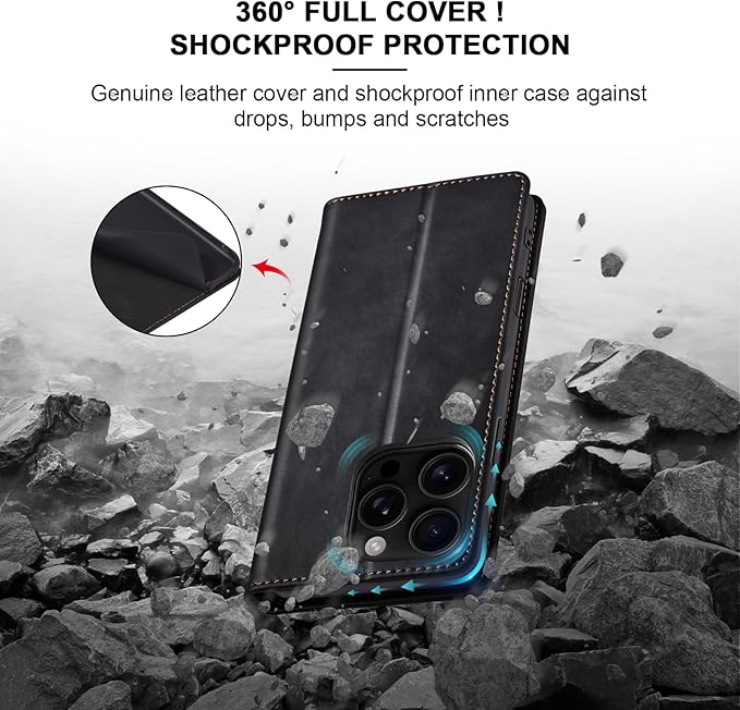 Jasonyu Flip Wallet Case for iPhone 16 Pro Max,Leather Magnetic Folio Cover with Card Holder,Kickstand - TPU Shockproof Durable Protective Phone Case,Black