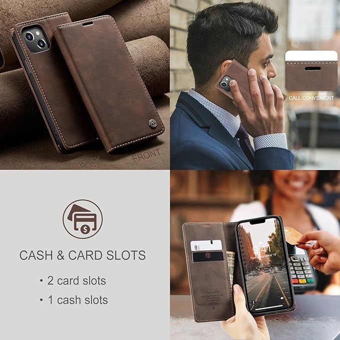 for iPhone 14 Plus Case, Flip Wallet Leather Case with Card Holder Magnetic Closure Shockproof Kickstand Protective Phone Cases Cover for iPhone 14 Plus, Coffee
