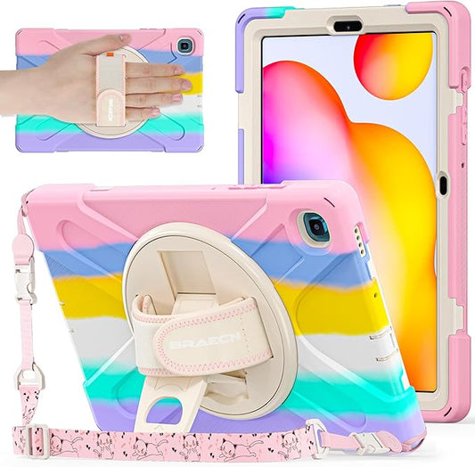 BRAECNstock Kids Case for Samsung Galaxy Tab S6 Lite 10.4 inch 2024/2022/2020 (SM-P620/P610/P619) with Pen Holder Rotating Hand Strap & Stand Shockproof Protective S6 Lite Tablet Case - Colorful Pink