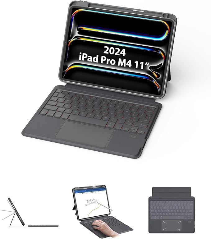 EIP Bluetooth Keyboard Case for iPad Pro 11 inch (M4) 2024, 11" Magnetic Detachable Cover with Trackpad, Patented Stylus Shortcuts, 7-Color Backlit Keys, Slim Protective Smart Case