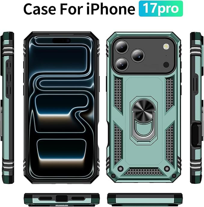ADDIT Compatible with iPhone 17 Pro Case with Tempered Glass Screen Protector, Adjustable Kickstand Ring, Military-Grade Heavy Duty Protection, Shockproof, Anti-Fingerprint,Teal