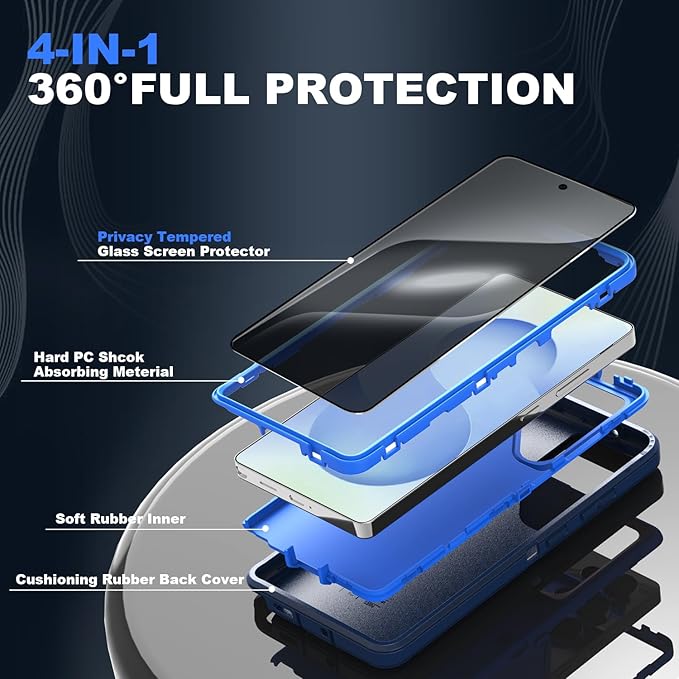 Designed for Samsung Galaxy S24 Ultra Case [with Privacy Screen Protector] 3-Layer Full Body Protection Rugged Shockproof Heavy Duty Phone Case Cover, Navy Blue