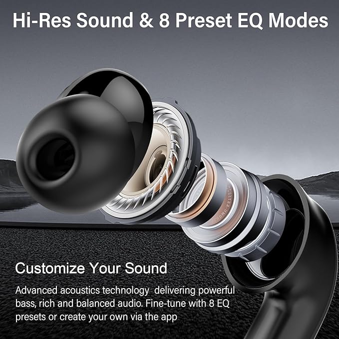 Adaptive Hybrid Active Noise Canceling Wireless Earbuds, 6 Mics ENC Clear Call Ear Buds, Hi-Res Audio Deep Bass Bluetooth 5.4 Headphones, 48H Playtime, Wireless Charging, Multipoint Connection, Black