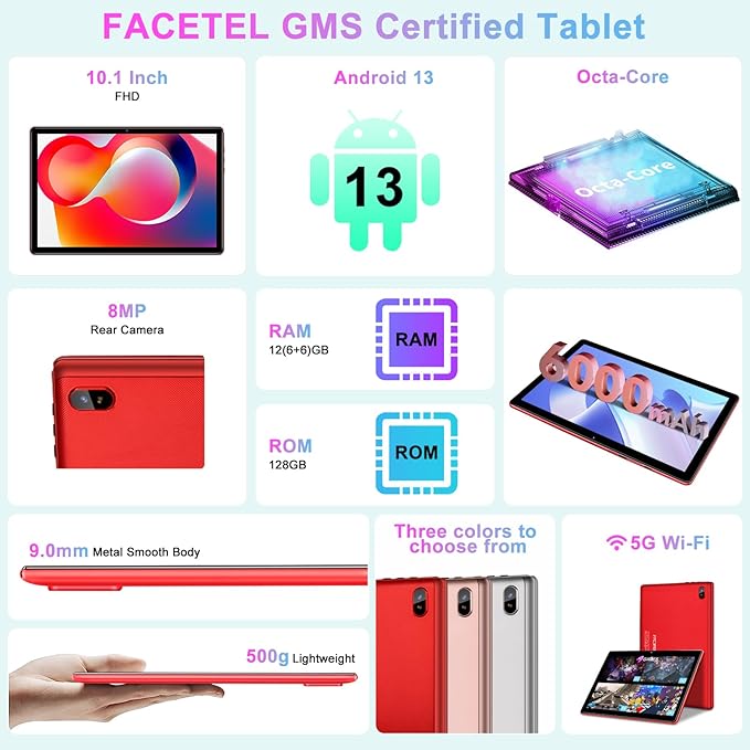 Tablet 10 inch Android PC Octa-Core 2.0 GHz with 12GB RAM 128GB ROM TF 1TB, 5G WiFi, 6000mAh, FHD IPS Touchscreen, Bluetooth 5.0,1280 * 800, 5+8 MP, 2025 2 in 1 Tablet with Keyboard and Mouse, Red