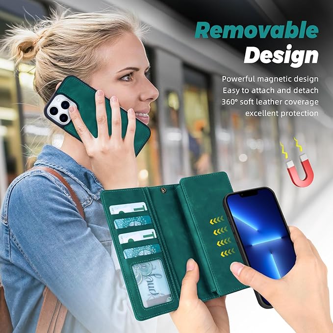 TwoHead for iPhone 13 Pro Wallet Case with Card Holder & Detachable Magnetic Phone Case, PU Leather Shockproof Protective Cover,Wrist Strap(6.1 in,Green)