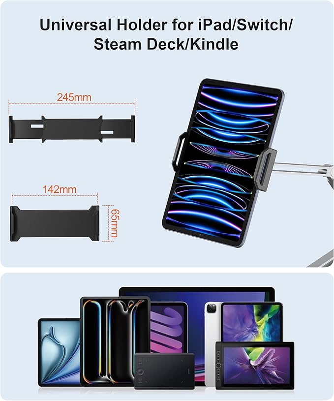 Tablet Arm Mount with Super Grip, Adjustable Foldable Holder & Heavy Duty Aluminum 360° Rotating Clamp for iPad, Phone, Monitor, Kindle - Universal for Desk, Bed, Kitchen - Silver