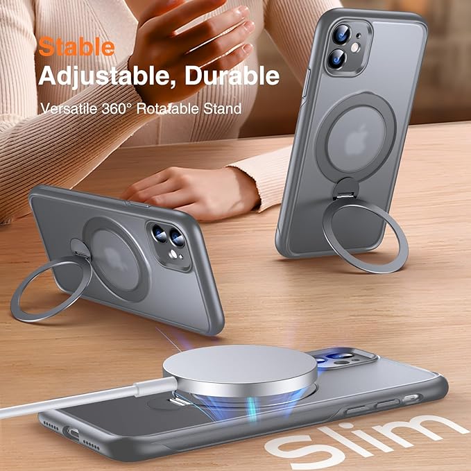 360° O-Ring MagStander for iPhone 11 Case with Magnetic Kickstand Ring Holder [Compatible with MagSafe][360°Rotate Stand Ring][Military Shockproof] Magnet iPhone 11 Phone Cover Matte Grey