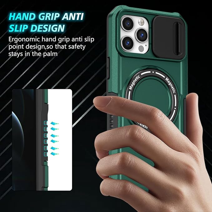 for iPhone 12 Pro Max Case Magnetic Compatible with MagSafe Wireless Charging,Built-in Kickstand,with Camera Cover,with 2 Screen Protectors,Anti-Scratch Shockproof Heavy Duty Protection Green