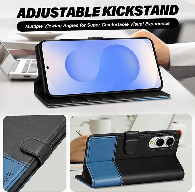 TUCCH Wallet Case for Galaxy S25 Edge, PU Leather Stand [RFID Blocking] [4 Credit Card Holders] Flip Cover with [TPU Shockproof Interior Case] Compatible with Galaxy S25 Edge 6.7", Black & Light Blue