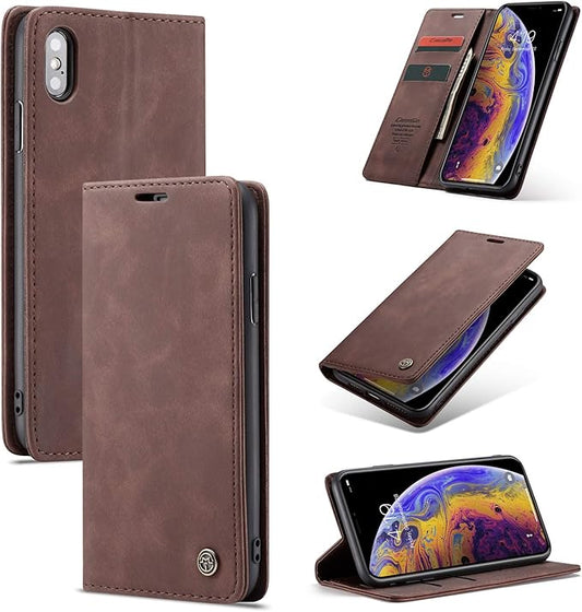 for iPhone X/iPhone Xs Case, Flip Wallet Leather Case with Card Holder Magnetic Closure Shockproof Kickstand Protective Phone Cases Cover for iPhone X, Coffee