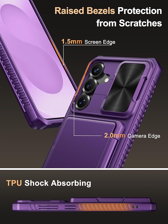 Vihibii for Samsung Galaxy S25+ Plus Wallet Case, Built-in Card Holder (4 Cards), [RFID Blocking] & Slide Camera Cover, Military Grade Drop Protection, Rugged Case for Galaxy S25+ Plus, Dark Purple