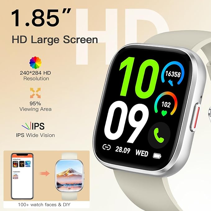 Smart Watches for Men Women Answer/Make Call, 1.85" Fitness Watch with 120+ Sports Modes, Heart Rate/SpO2/Sleep Tracker, Pedometer, IP68 Activity Tracker and SmartWatch for Android iOS (Silver, 1.85“)