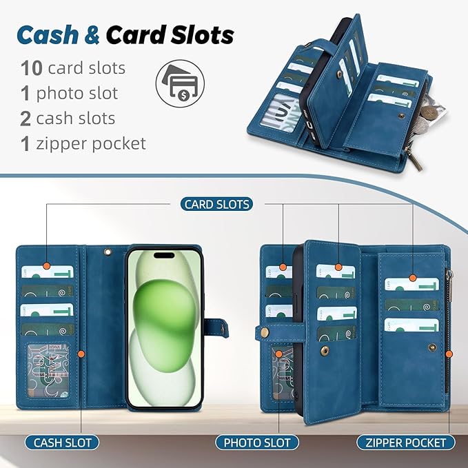 TwoHead Wallet Case Compatible with iPhone 15 Plus,Detachable Magnetic Phone Case,All-Round Shockproof Protective Leather Phone Case with Card Holder,6.7 in,Navy Blue