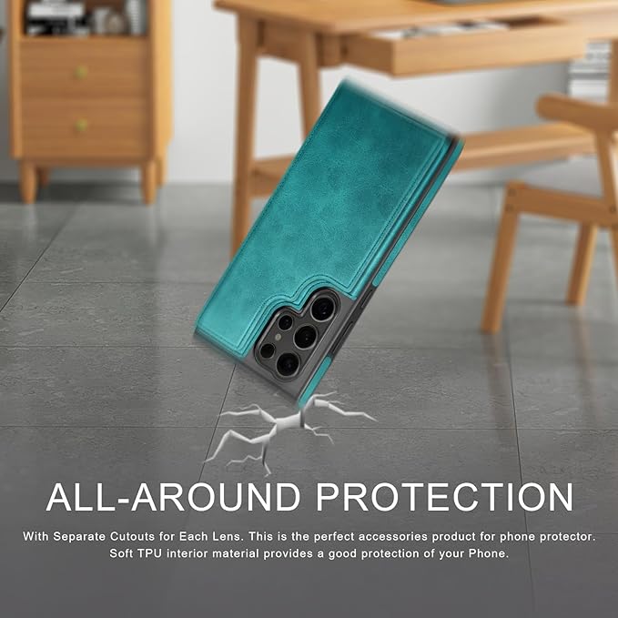 DJDUCK Designed for Samsung Galaxy S25 Ultra Case Wallet with Card Holder, [Magnetic Clasp Cover] [RFID Blocking Leather Protection] Shockproof Women Men Cases for Samsung S25 Ultra Blue Green