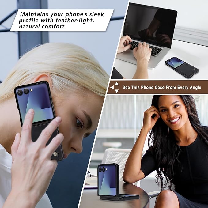 ASAPDOS Leather Folio Magnetic Case for Samsung Galaxy Z Flip 7 [Compatible with MagSafe],Built-in Screen Protector and PU Leather Thin Slim Protective Case Cover Black