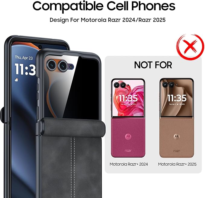 for Motorola Razr 2025 Case/Razr 2024 Case, Built-in Privacy Screen Protector & Hinge Protection & Ultra Thin PU Leather PC Shockproof Phone Cover Smartphone Case for Moto Razr 2025/2024 (Black)