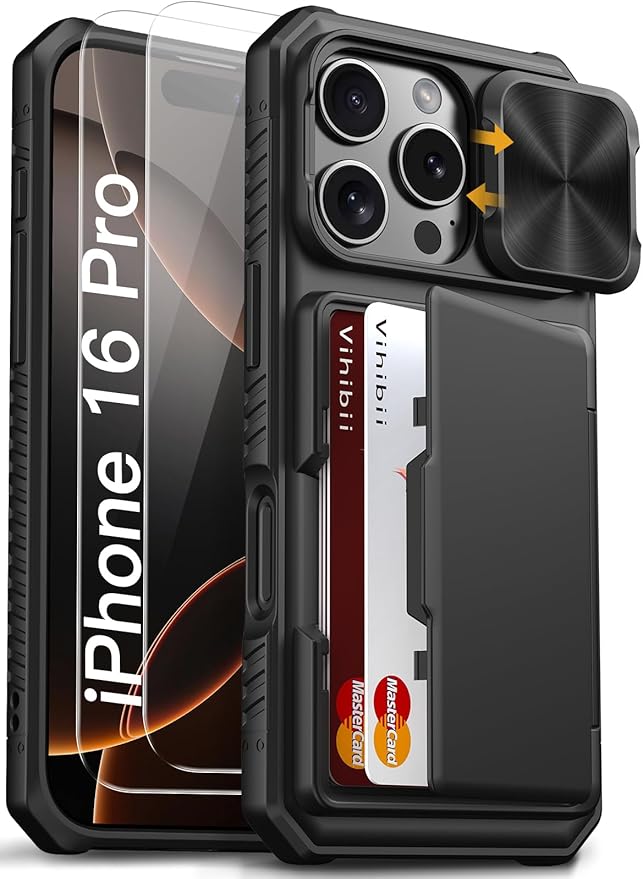 Vihibii for iPhone 16 Pro Case with [2X Screen Protector], Built-in Card Holder (4 Cards), [RFID Blocking] & Slide Camera Cover & Tempered Glass Films, Rugged Wallet Cover for 16 Pro 6.3" 2024, Black