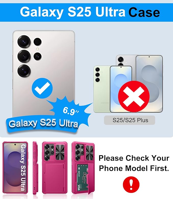 for Samsung Galaxy S25 Ultra Phone Case Wallet, Card Holder (4-5 Cards), RFID Block, Slide Lens Cover & Military Grade Drop Protection, Heavy Duty Men Women Case for Samsung S25 Ultra, Hot Pink