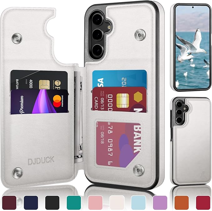 DJDUCK Designed for Samsung Galaxy S25 Case Wallet with Card Holder, [Magnetic Clasp Cover] [RFID Blocking Leather Protection] Shockproof Women Men Cases for Samsung S25 Creamy-White