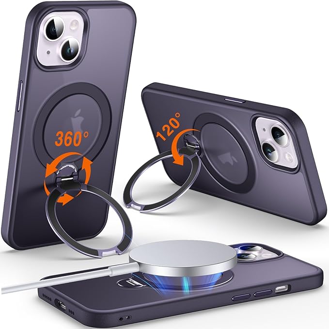 360° O-Ring MagStander for iPhone 15 Case with Magnetic Kickstand Ring Holder [Compatible with MagSafe][360°Rotate Stand Ring][Military Shockproof] Magnet iPhone 15 Phone Cover Matte Purple