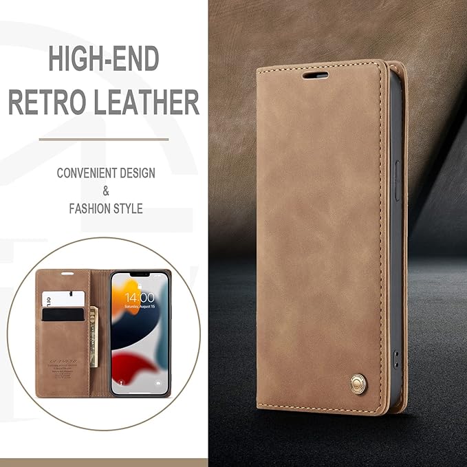 QLTYPRI Case for iPhone 14, Vintage PU Leather Wallet Case Card Slot Kickstand Magnetic Closure Shockproof Flip Folio Book Case Cover for iPhone 14(6.1 inch) - Brown