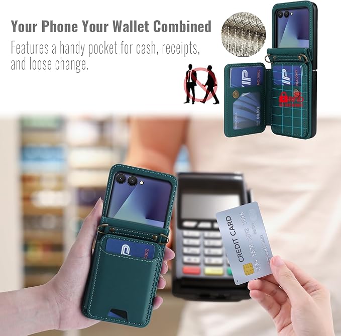 ASAPDOS for Samsung Galaxy Z Flip 7 PU Leather Wallet Phone Case with Card Slots (Holds 5 Cards), Anti-Drop Protection, Wrist & Shoulder Strap Blue Green