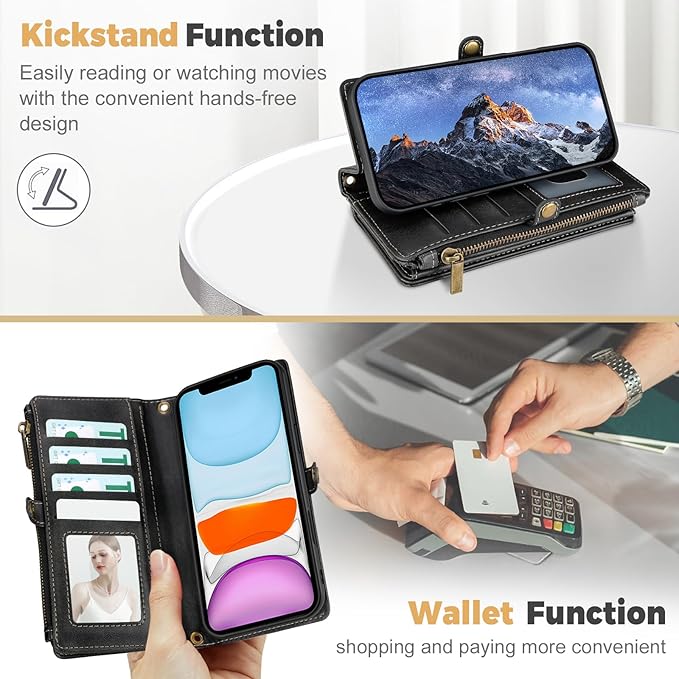 for iPhone 12&12 Pro Wallet Phone Case with 7 Card Holder,RFID Blocking | PU Leather | Kickstand | Flip | Wrist Strap&Shoulder Strap | Shockproof | Zipper Wallet | Women Men | 6.1" | Black