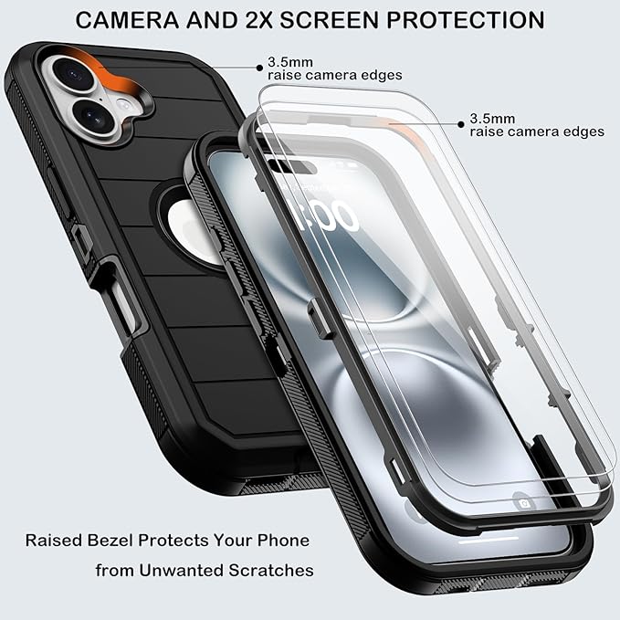 for iPhone 16 Case with 2 Screen Protectors,Heavy Duty Shockproof Drop Protection Military Grade Tri-Layer Rugged Cell Phone Cover with Belt Clip Holster & Kickstand for Apple 16 6.3“ Black